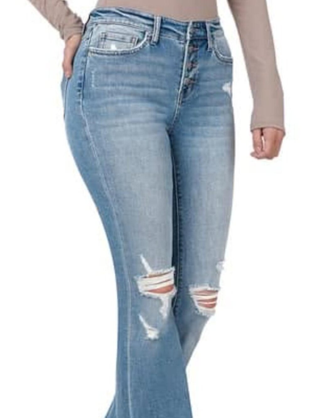 Zenana Women's Blue Button Fly Flare Jeans - Picture 4 of 7